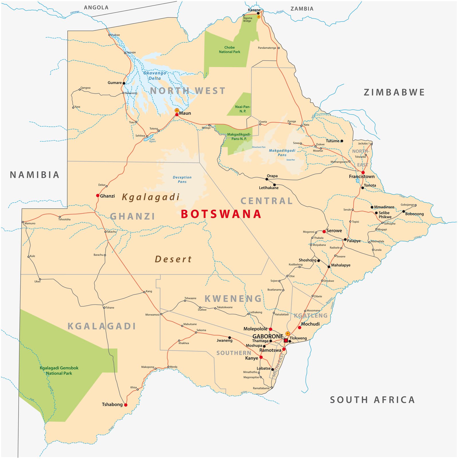 Botswana road, administrative and political vector  map